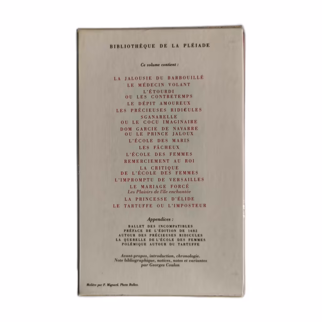 Molière Œuvres Complètes Vol. I Bibliothèque de la Pléiade Gallimard NRF
