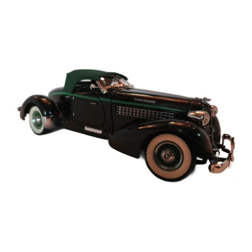 Vue de trois-quarts avant de la miniature Auburn 851 Speedster noire avec capote verte