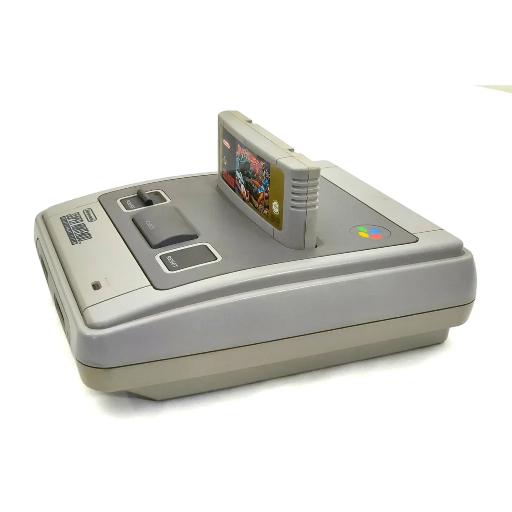 Console Super Nintendo (SNES) vue de trois quarts avec cartouche Street Fighter II