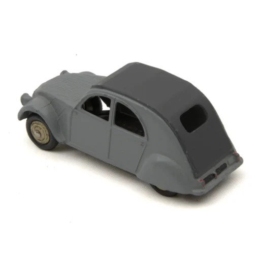 Miniature Dinky Toys Citroën 2CV grise vue de 3/4 arrière montrant l'absence de vitrage