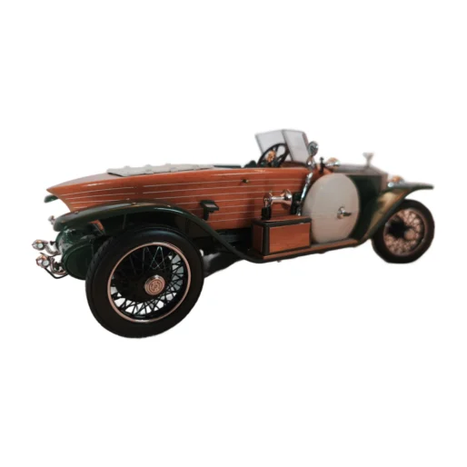 Vue arrière 3/4 de la Rolls Royce Skiff miniature montrant la carrosserie en bois
