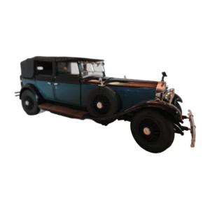 Vue de trois quarts avant de la miniature Rolls-Royce Phantom I 1929 bleue et noire par Franklin Mint