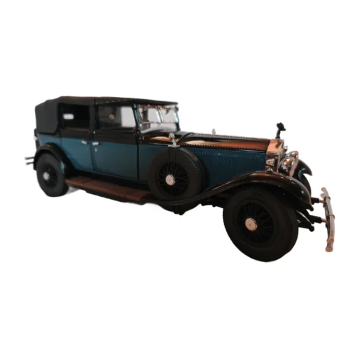Vue de trois quarts avant de la miniature Rolls-Royce Phantom I 1929 bleue et noire par Franklin Mint