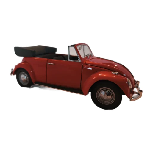 Vue de profil de la miniature Volkswagen Coccinelle Cabriolet 1967 rouge par Franklin Mint