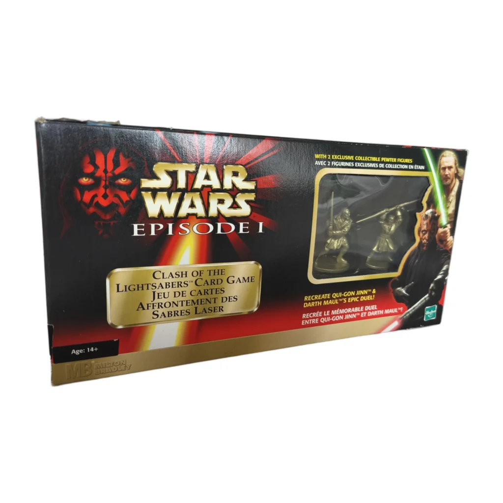 Boîte de face du jeu de cartes Star Wars Episode I Affrontement des Sabres Laser avec figurines