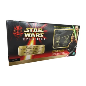 Boîte de face du jeu de cartes Star Wars Episode I Affrontement des Sabres Laser avec figurines