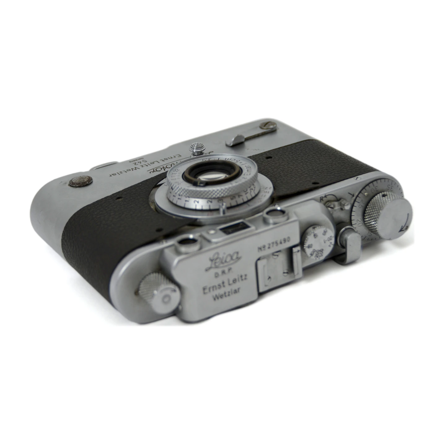 Vue de dessus du Leica IIIa montrant les molettes et le numéro de série