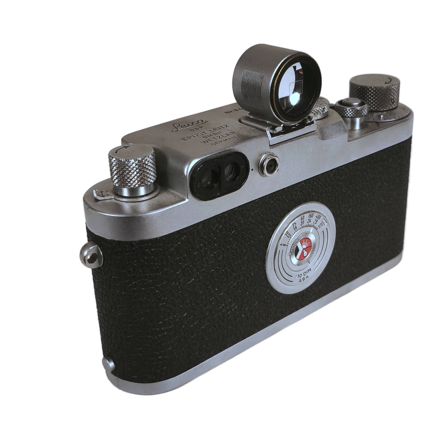 Vue arrière du Leica IIIf montrant les oculaires du télémètre et du viseur