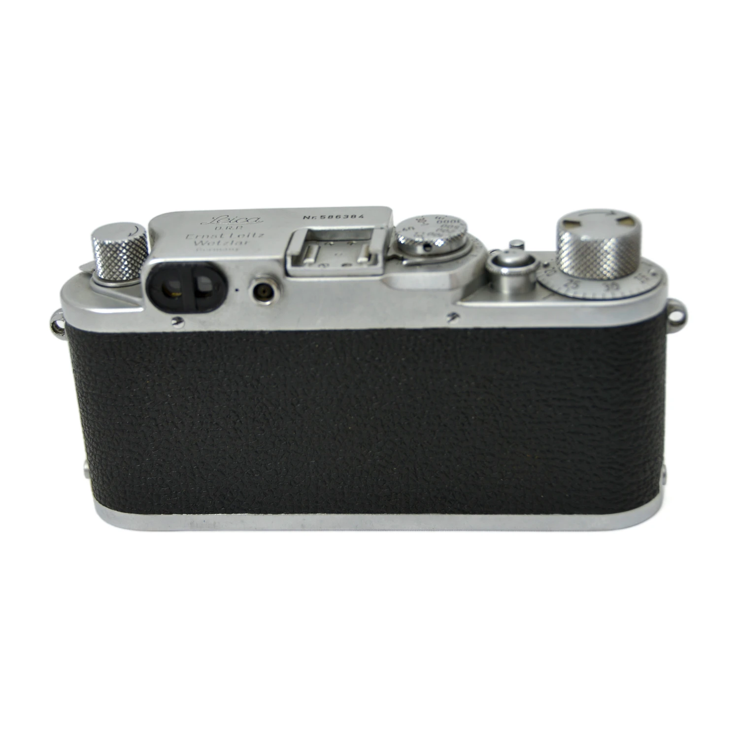 Vue arrière du boîtier Leica IIIf montrant le viseur et le revêtement en vulcanite
