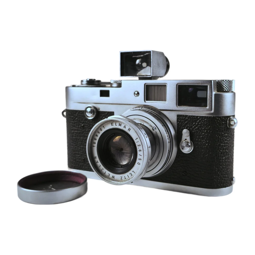 Appareil photo télémétrique Leica M2 chromé avec objectif Elmar 50mm f/2.8 et viseur externe 21mm