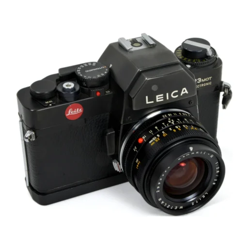 Appareil photo reflex argentique Leica R3 MOT Electronic noir de face avec objectif