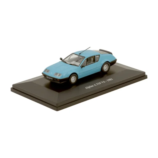 Miniature Alpine A 310 V6 1981 bleue vue de 3/4 avant sur son socle d'exposition noir