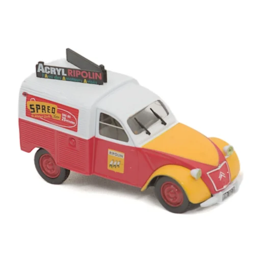 Vue de trois quarts avant de la miniature Citroën 2CV Ripolin Norev 1/43