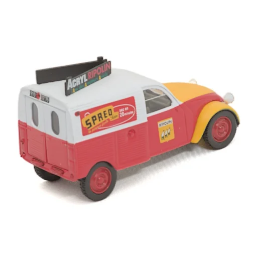 Vue de trois quarts arrière de la miniature Citroën 2CV Ripolin Norev 1/43