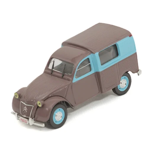 Vue de trois quarts avant de la miniature Citroën 2CV Fourgonnette Norev 1/87 marron et bleue