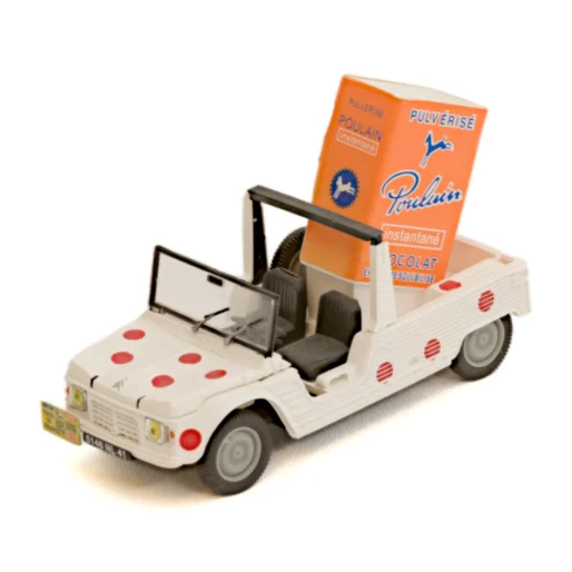 Vue de trois quarts avant de la miniature Norev Citroën Méhari Chocolat Poulain Tour de France 1977