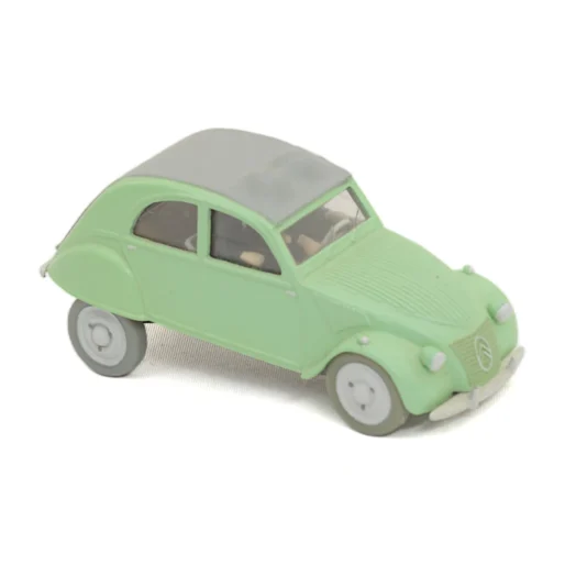 Voiture miniature Tintin Citroën 2CV verte de profil avec les Dupondt à l'intérieur