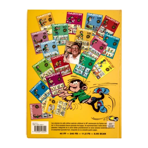 Quatrième de couverture de l'album Gaston Lagaffe avec la liste des tomes et photo de Franquin