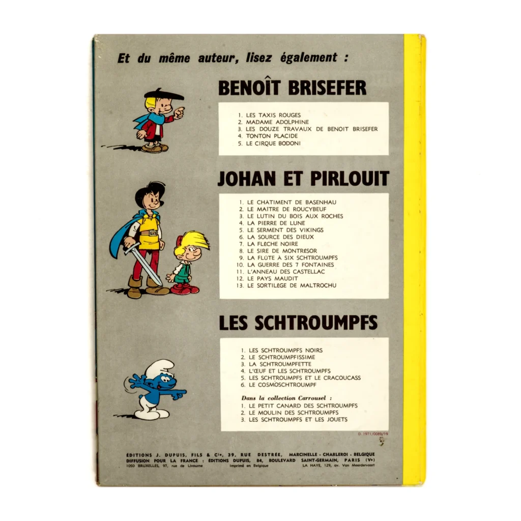 Quatrième plat de l'album La flûte à six Schtroumpfs montrant la liste des autres albums