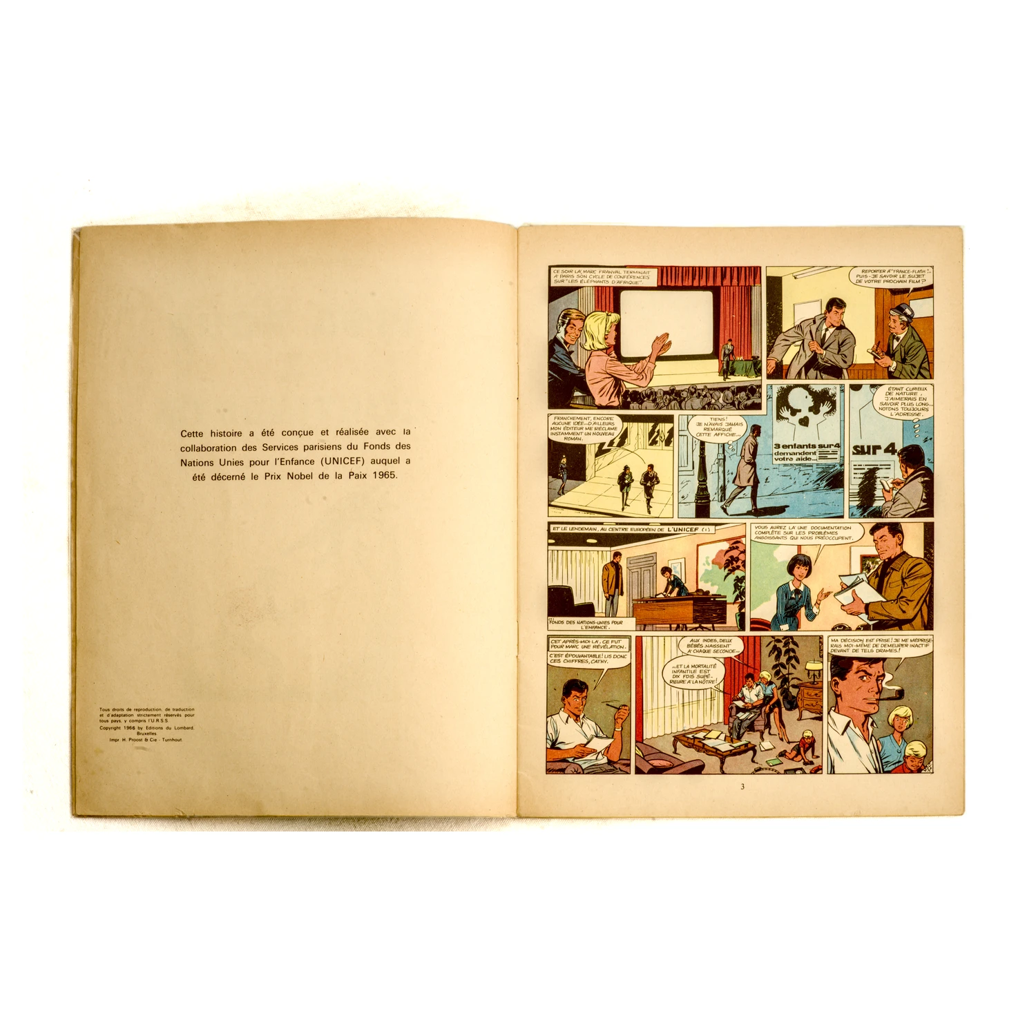 Page de garde avec mention UNICEF et première planche de la BD Les Franval de 1966