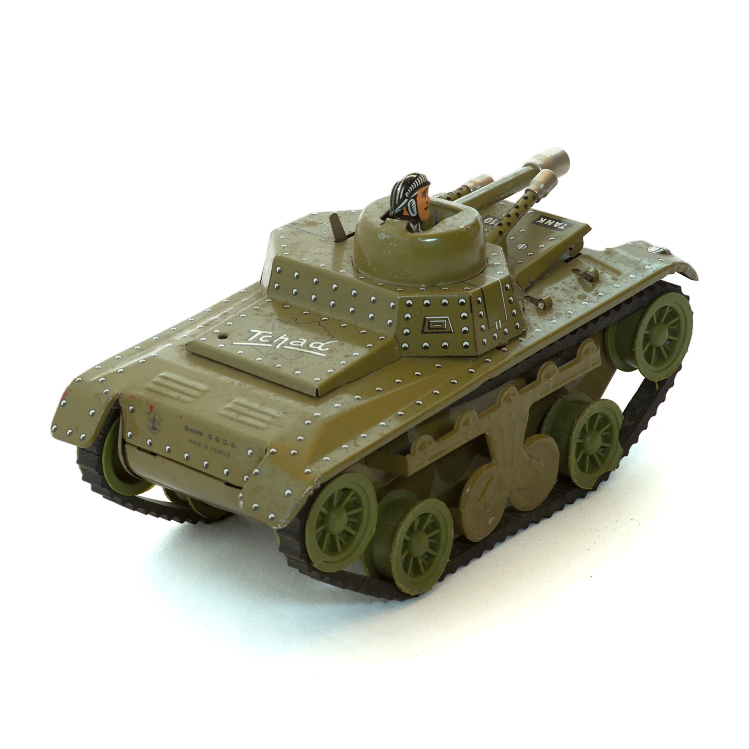 Jouet mécanique ancien tank Joustra Tchad vue arrière