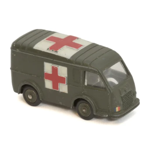 Vue de trois-quarts avant de l'ambulance militaire Dinky Toys en métal vert kaki