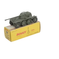 Boîte d'origine jaune Dinky Toys 827 avec la miniature de l'E.B.R. Panhard FL-10 posée dessus