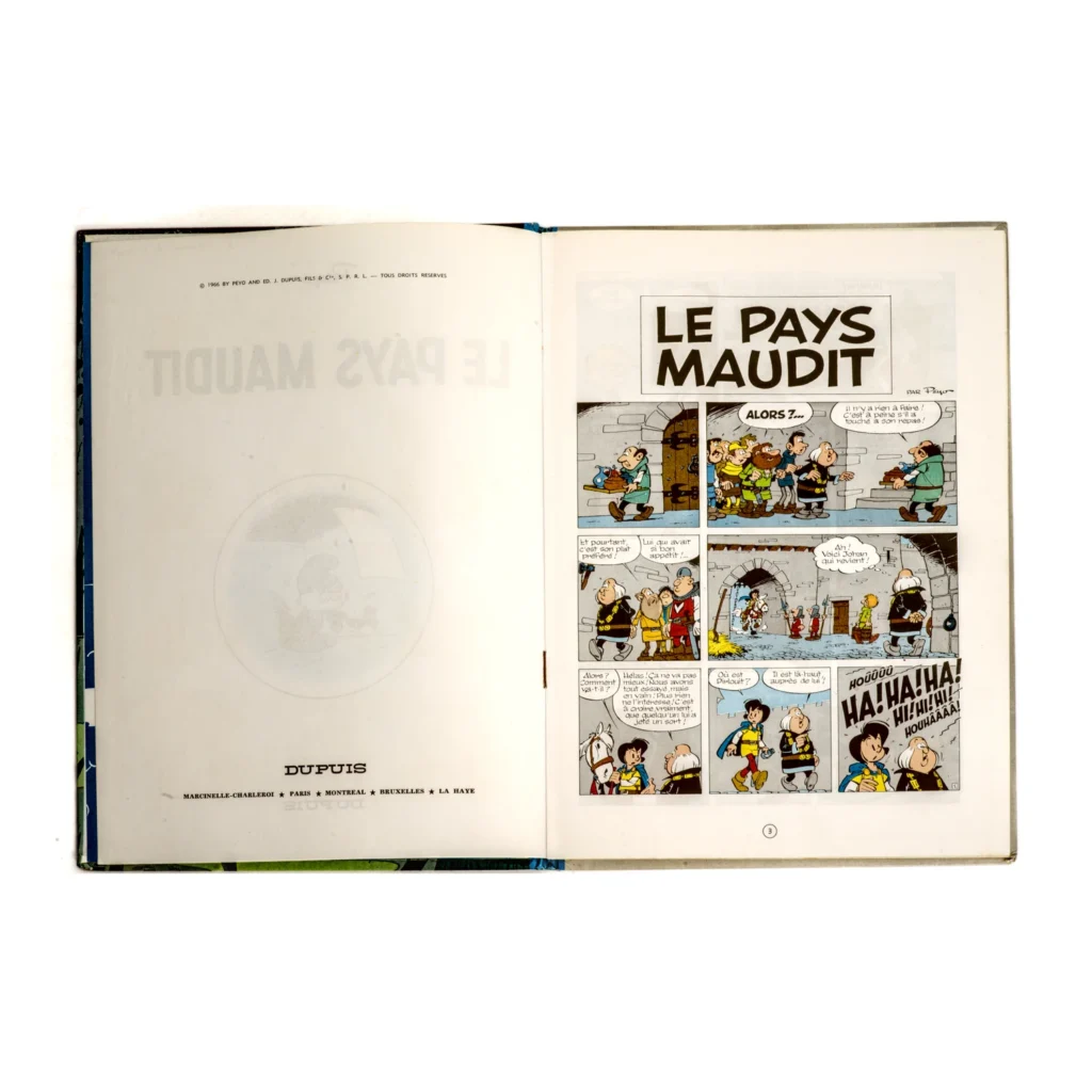 Page de titre et première planche de la BD Johan et Pirlouit Le Pays Maudit