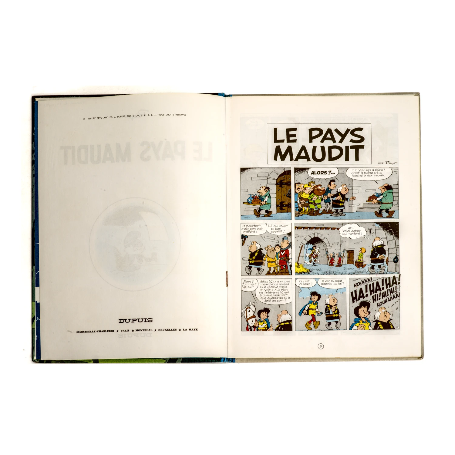 Page de titre et première planche de la BD Johan et Pirlouit Le Pays Maudit