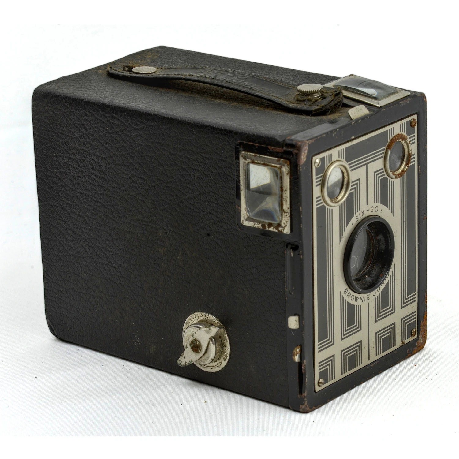 Appareil photo Kodak Six-20 Brownie Junior de profil montrant le gainage et la poignée