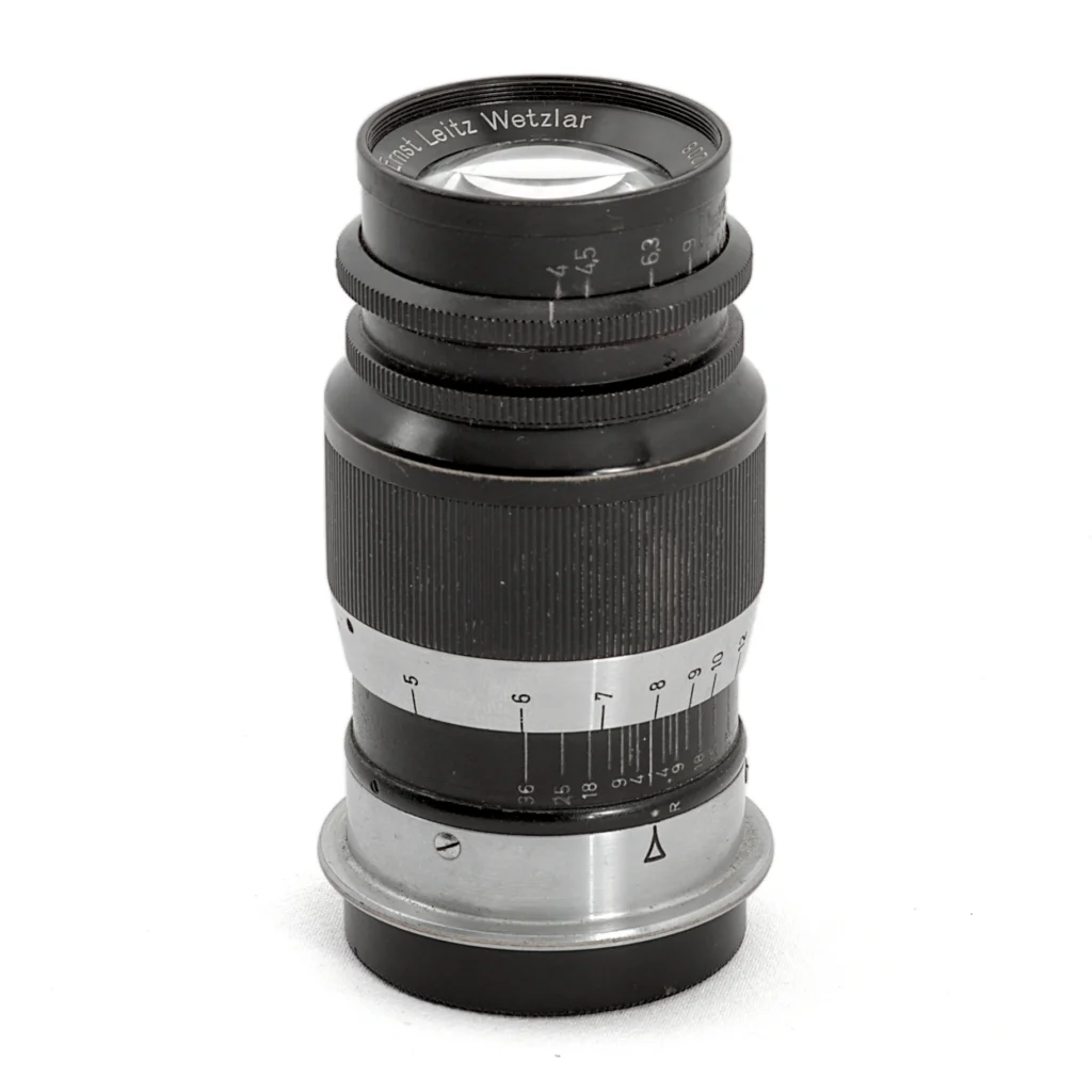 Objectif Leica Ernst Leitz Wetzlar Elmar 9cm f/4 de face avec échelle de profondeur de champ