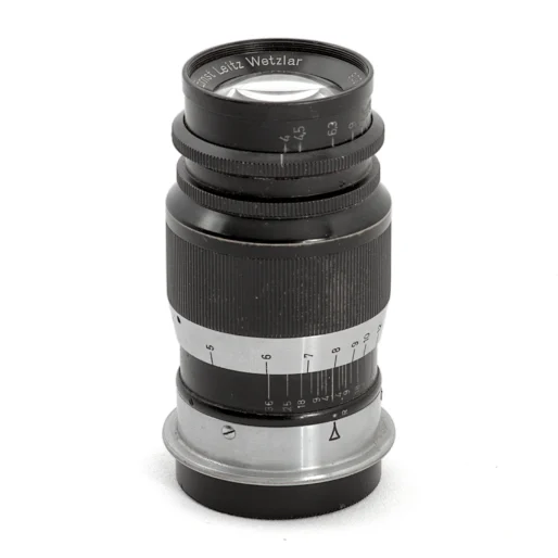 Objectif Leica Ernst Leitz Wetzlar Elmar 9cm f/4 de face avec échelle de profondeur de champ
