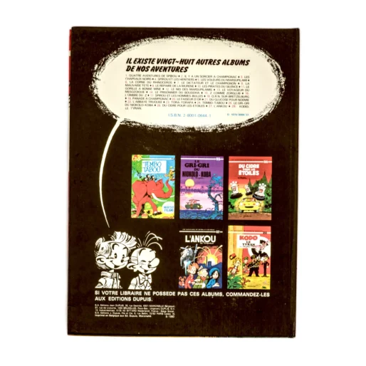 Quatrième de couverture listant les albums de Spirou et Fantasio aux Éditions Dupuis