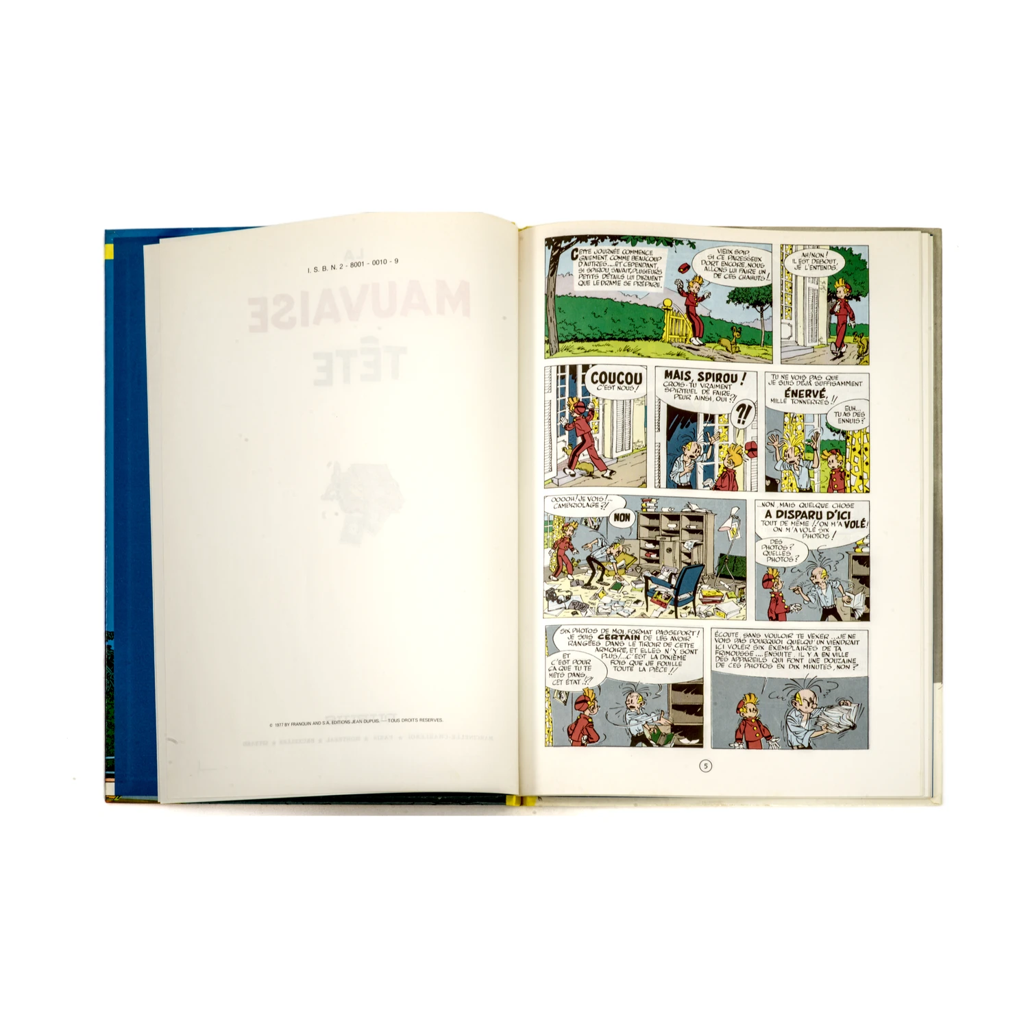 Page de garde et première planche de la BD Spirou et Fantasio La Mauvaise Tête avec copyright 1977