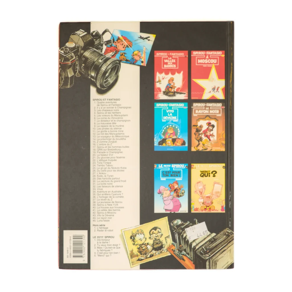 Quatrième de couverture de l'album Spirou et Fantasio Luna Fatale avec étiquette de prix en Francs