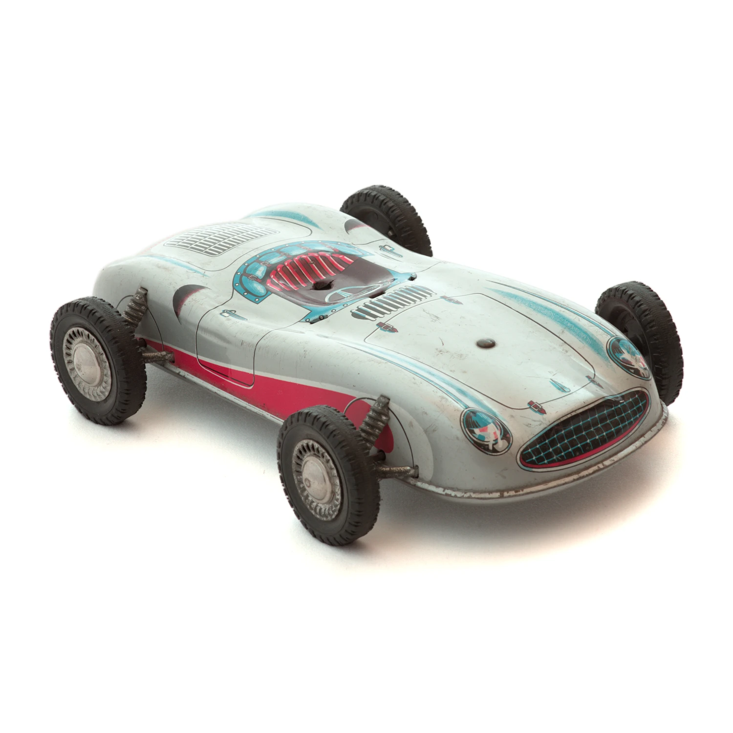 Voiture de course ancienne en tôle lithographiée grise et rouge France Jouets Super Compétition