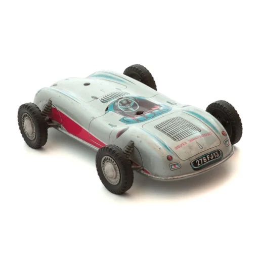 Vue arrière de la voiture en tôle France Jouets avec l'inscription Super Compétition et la plaque 278 FJ 13