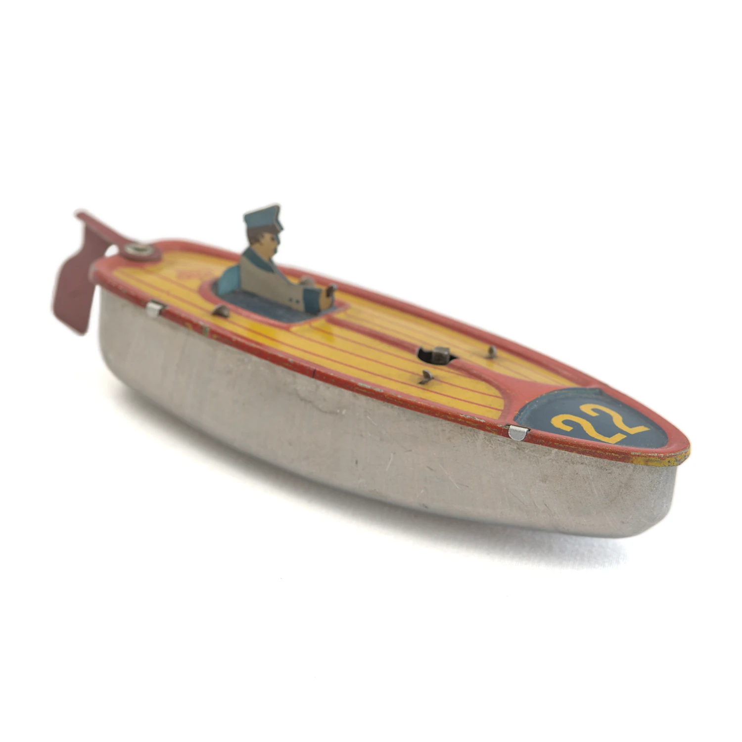 Bateau mécanique en tôle lithographiée HWN N°22 vu de trois quarts avant