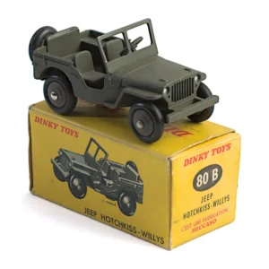 Jeep Hotchkiss-Willys Dinky Toys 80B sur sa boîte d'origine jaune