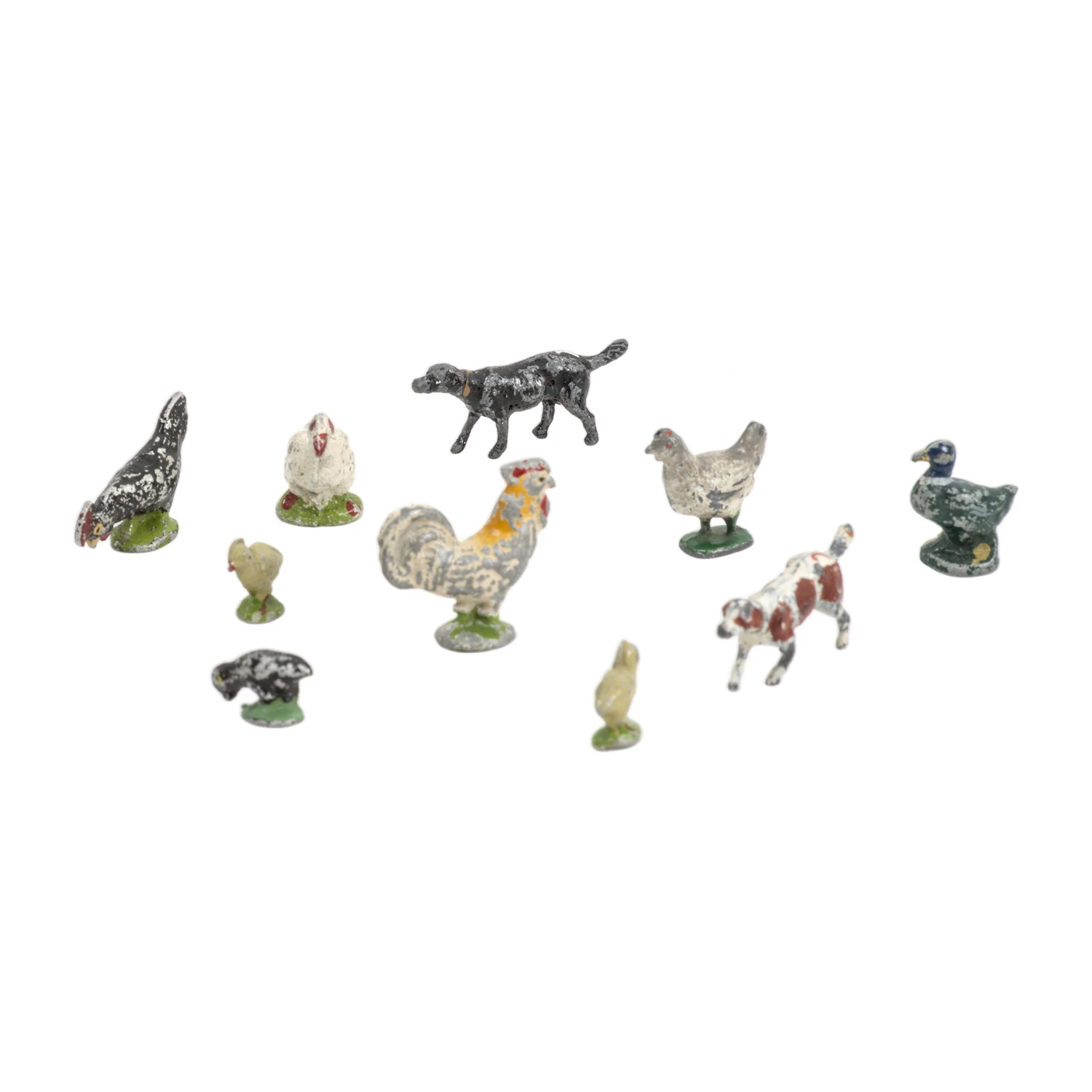 Lot de 10 figurines anciennes en plomb représentant des animaux de la ferme et des chiens de chasse avec patine du temps