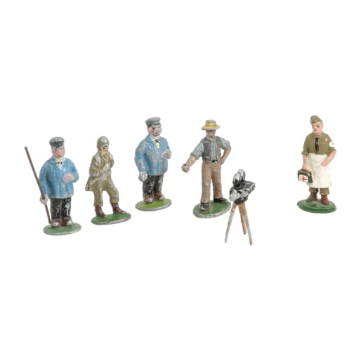 Lot de 5 figurines anciennes en plomb peint avec une caméra sur trépied