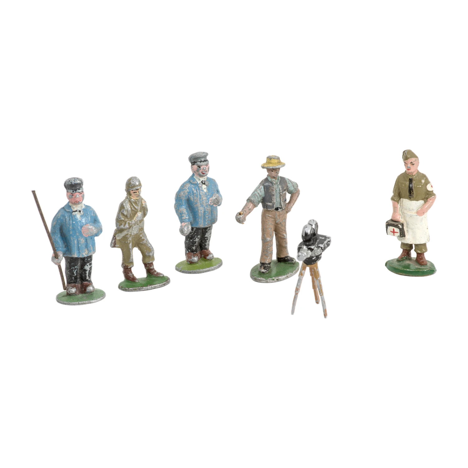 Lot de 5 figurines anciennes en plomb peint avec une caméra sur trépied