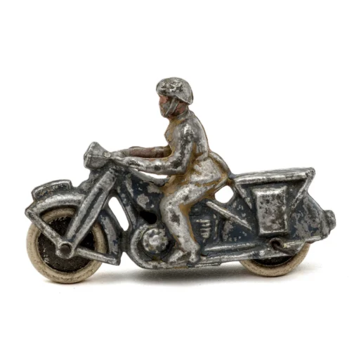 Jouet ancien moto militaire en plomb profil droit avec motard