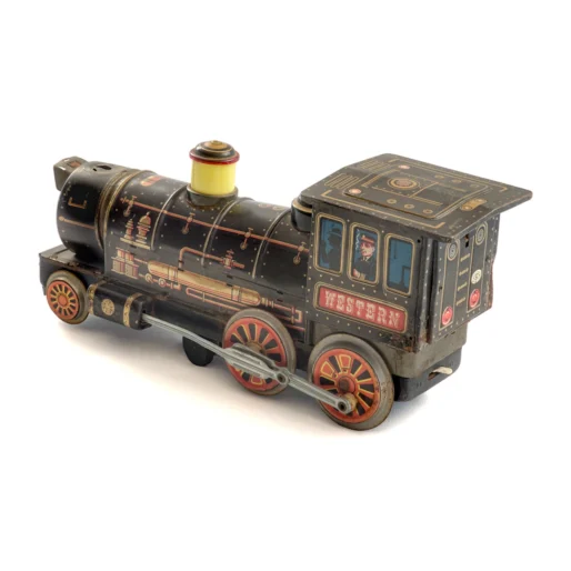 Locomotive en tôle lithographiée HWN Western vue de trois quarts arrière avec logo