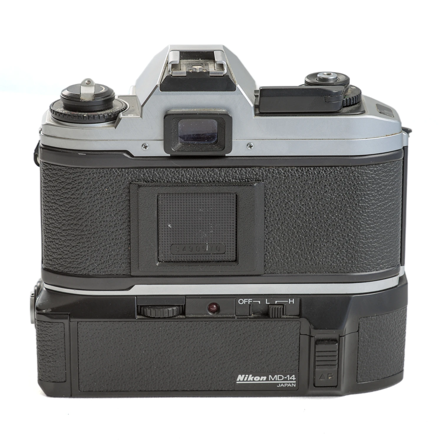 Vue arrière du Nikon FG-20 et du moteur MD-14