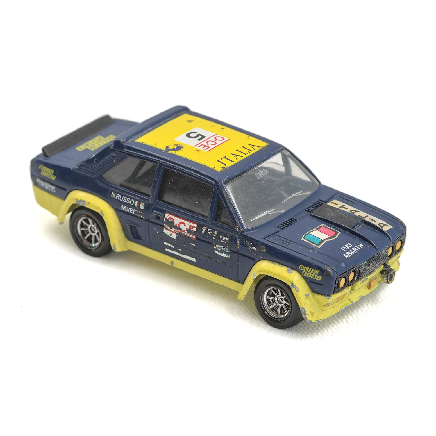 Vue avant de la miniature Solido Fiat Abarth 131 Rallye bleue et jaune