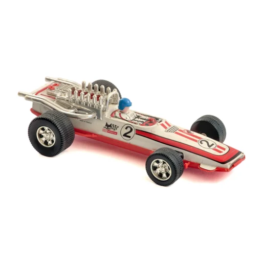 Vue de profil de la voiture de course F1 Joustra N°2 en tôle lithographiée avec pilote