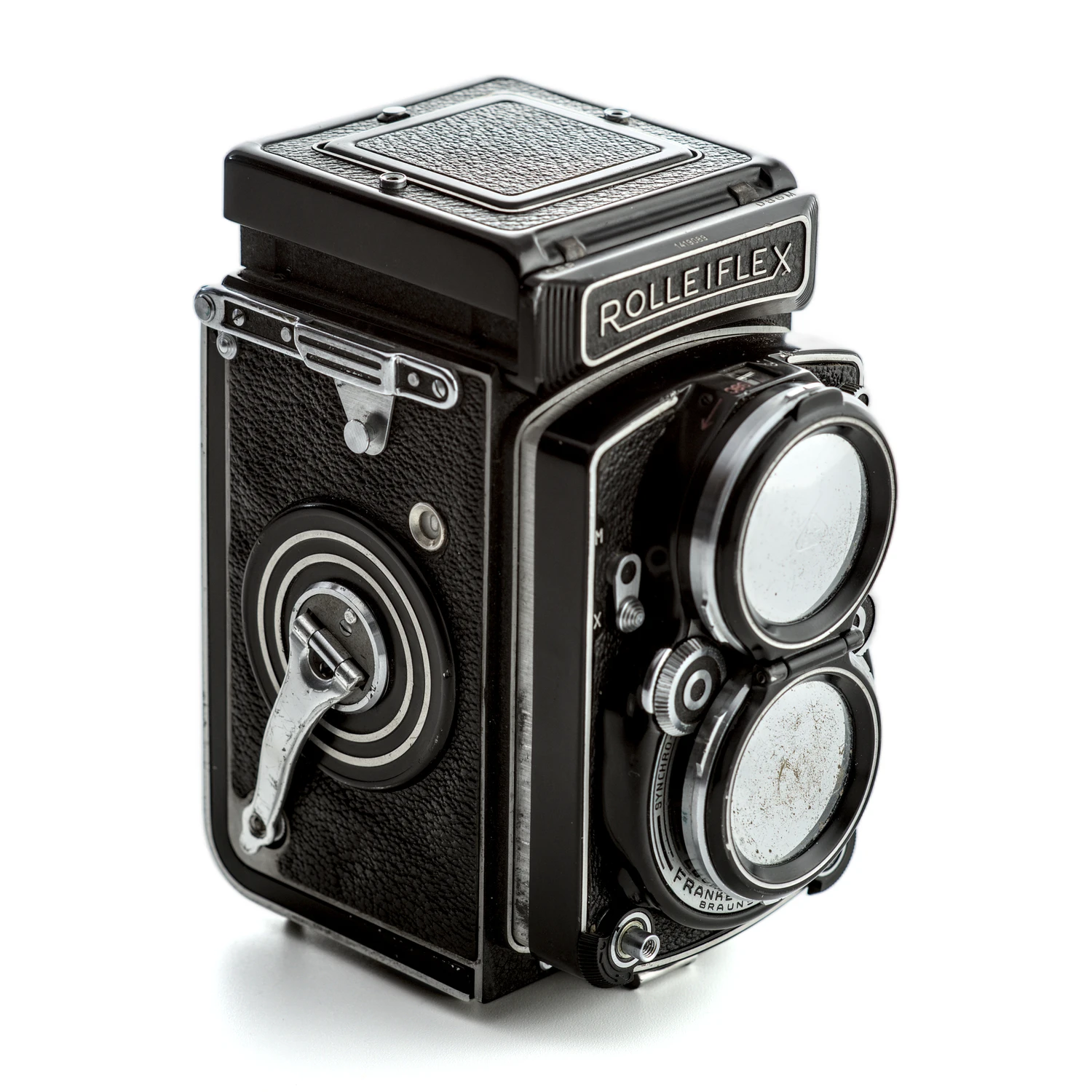 Rolleiflex vue de trois-quarts montrant la manivelle d