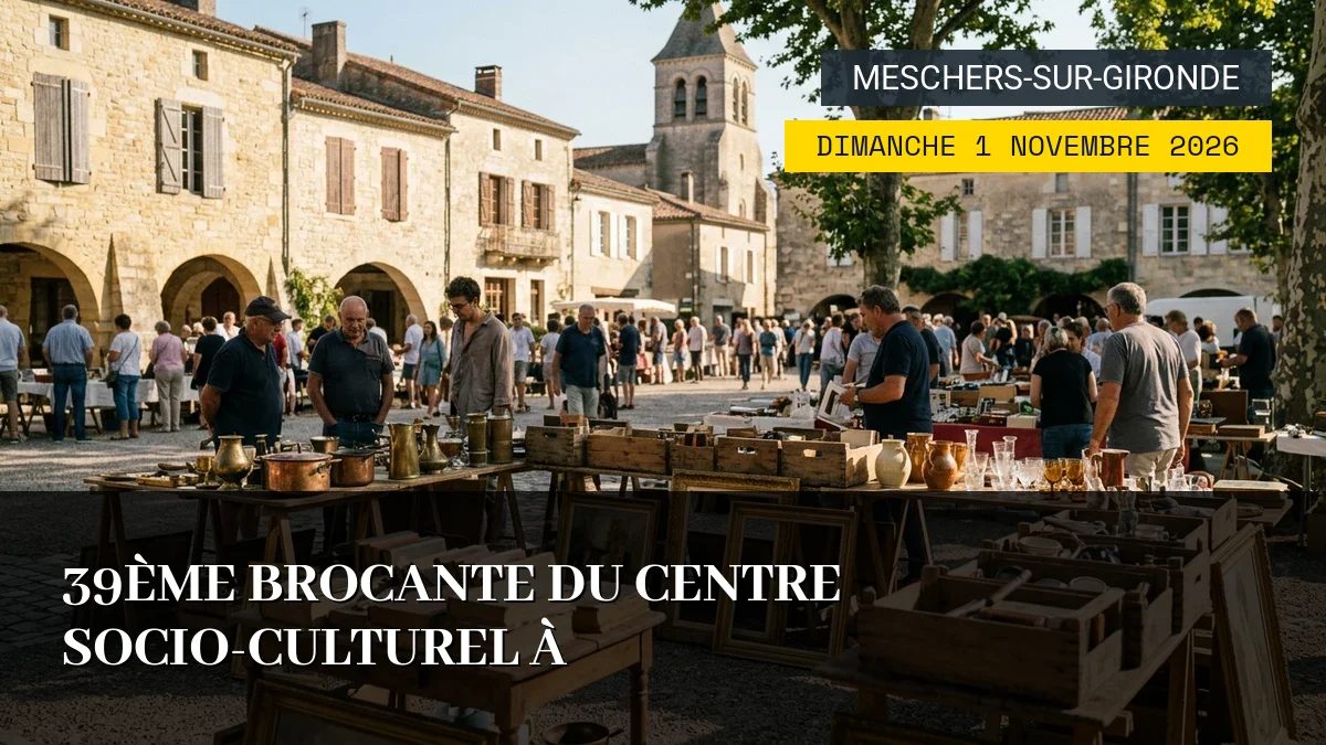 Affiche de l'événement : 39ème Brocante du Centre Socio-Culturel à Meschers-sur-Gironde – Dimanche 1 Novembre 2026