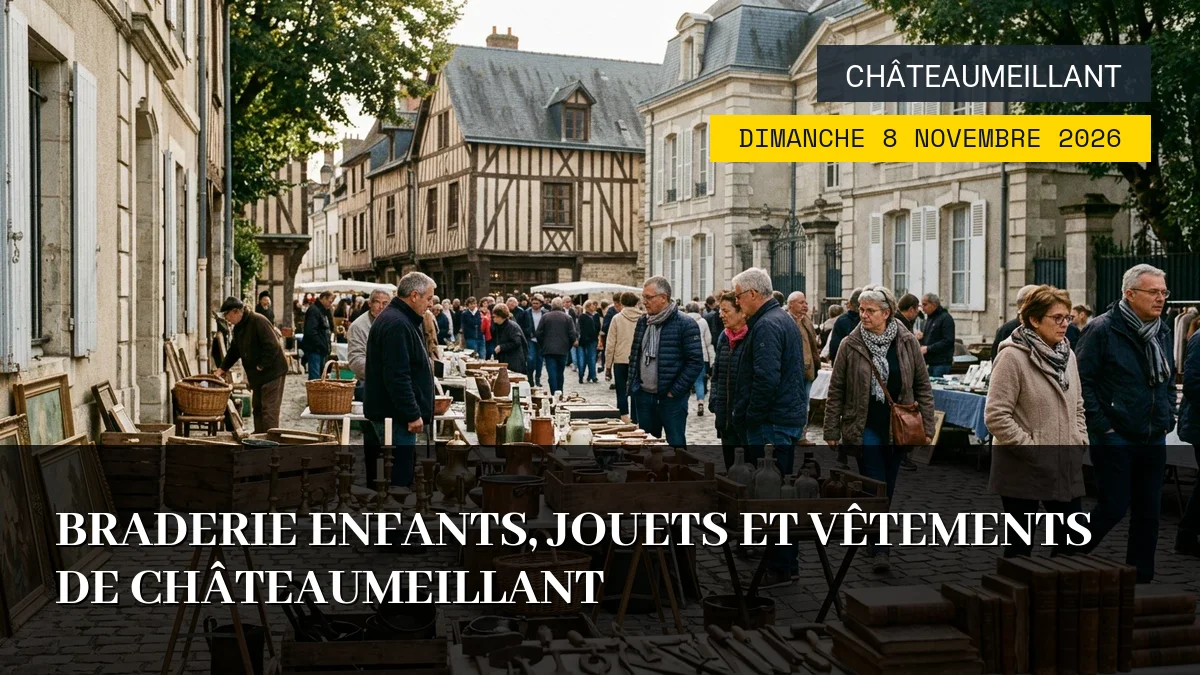 Affiche de l'événement : Braderie Enfants, Jouets et Vêtements de Châteaumeillant – Dimanche 8 Novembre 2026